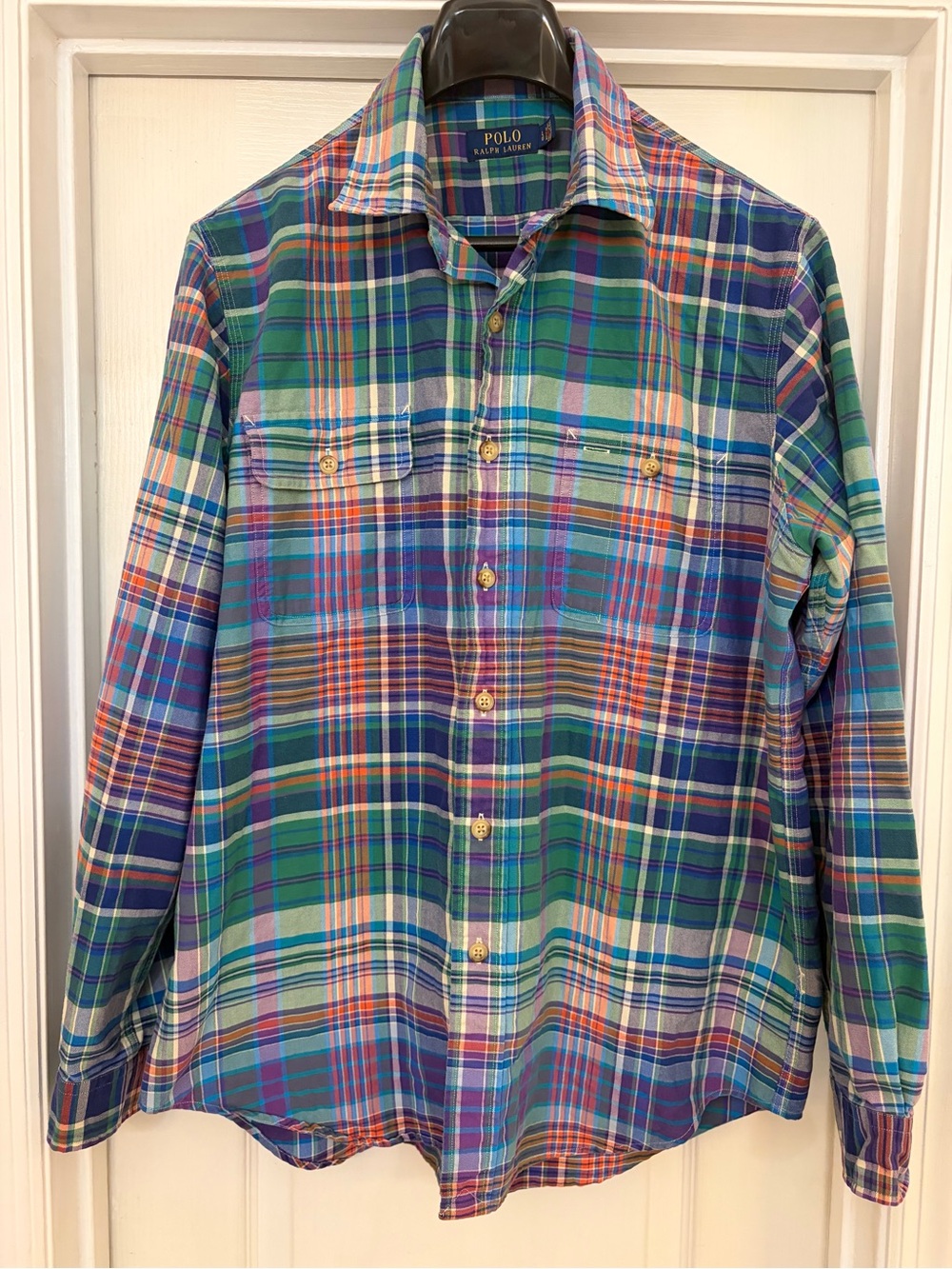 Vtg Polo Ralph Lauren Outfitters Blue Pink Plaid Heavy Flannel Shirt L Large